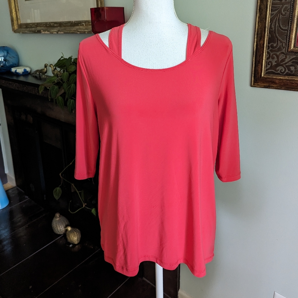 Clara Sun Woo Small Short Sleeve Cold/Cut-Out Shoulder Top Coral Pink FLAW 103